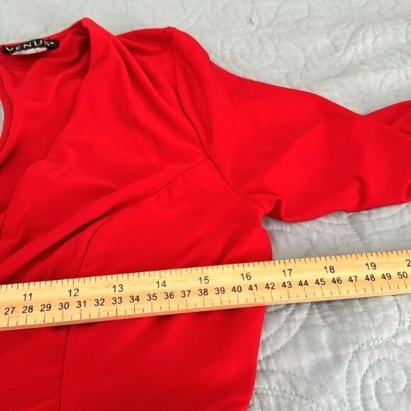 Red Venus Long Sleeve Jumpsuit With Open Front Skirt Overlay Strappy Neckline & - Picture 10 of 12